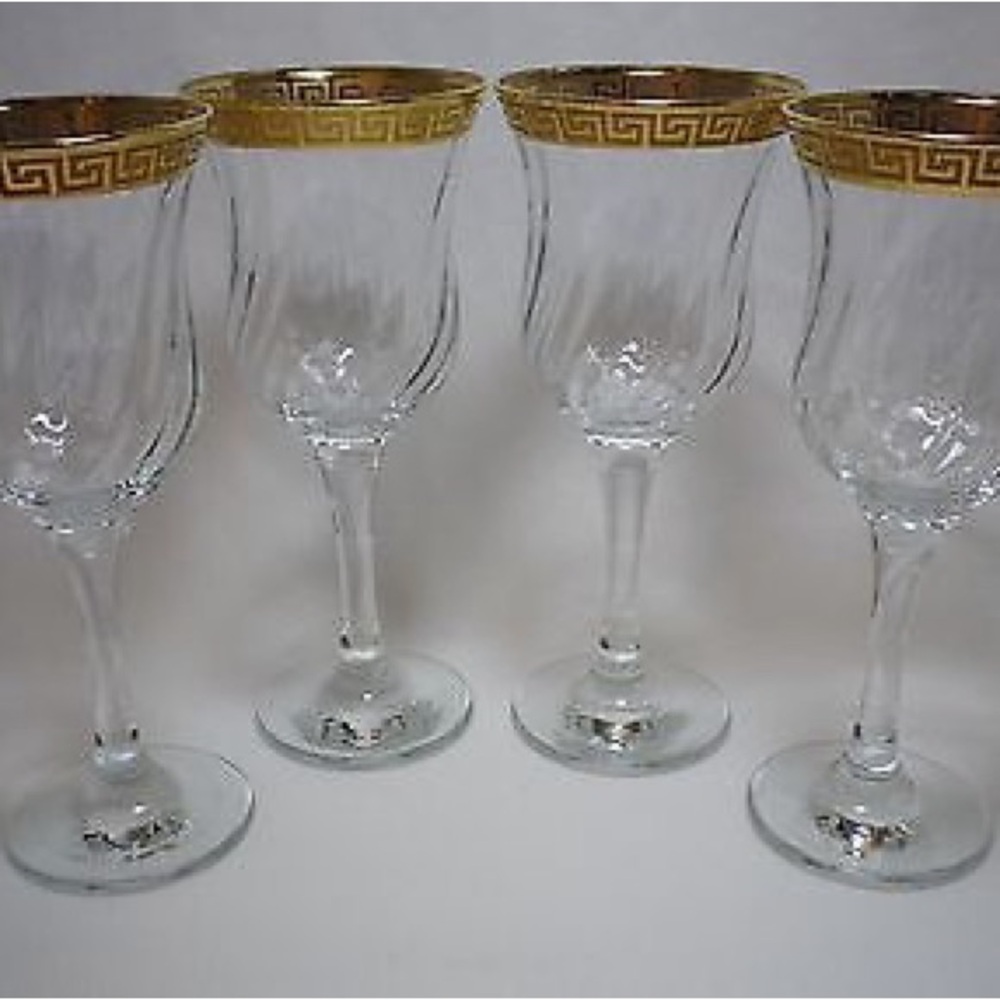 SET OF 4 CRYSTAL SWIRL PATTERN WINE GOBLETS GOLD GREEK KEY PATTERN